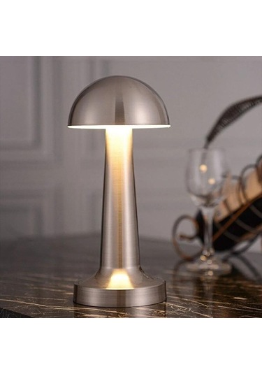 Ollevra Mantar Model Silver Renk Şarjlı Dokunmatik 3 Renkli Led Masa Lambası Gri