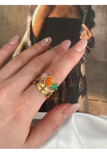 Vintage Renkli Oval Taşlı Çelik Kararmaz Ayarlanabilir Gold Yüzük