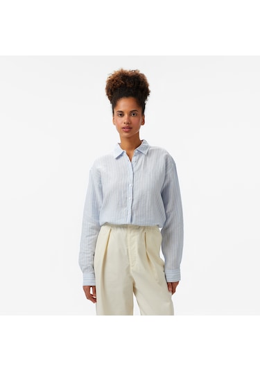 Nautica Kadın Mavi Regular Fit Keten Çizgili Gömlek Çizgili 55w081t Mavi