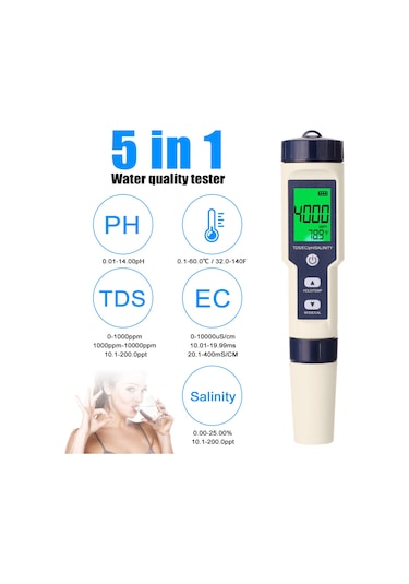 Springsun 5'i 1 Arada Dijital Su Analiz Cihazı: Ph/ec/tds/tuzluluk/sıcaklık Ölçüm