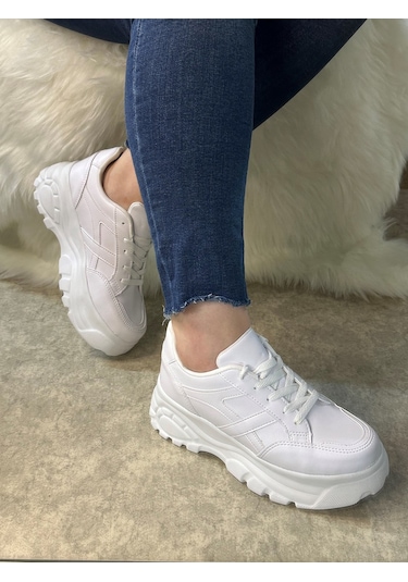 Günlük Kadın Sneaker Kalın Yüksek Taban Bağcıklı Rahat Tiger Şeritli Spor Ayakkabı 032 01 - Beyaz