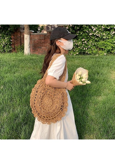 Koyu Kahverengi Kadınlar İçin Hasır Örgü Plaj Çantası El Yapımı Bohem Tarzı Omuz Çantaları Koyu Kahverengi