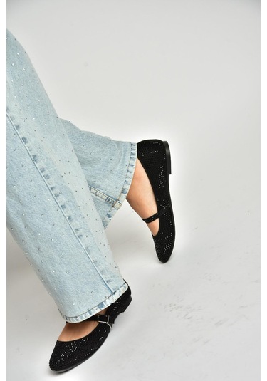 Fox Shoes U726628004 Siyah Kumaş Taş Detaylı Babet Siyah