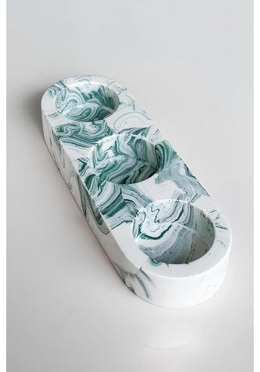 El Yapımı Yeşil Mermer Desenli 3 Gözlü Beton Tealight Mumluk Minimal Dekoratif Şamdan Yeşil