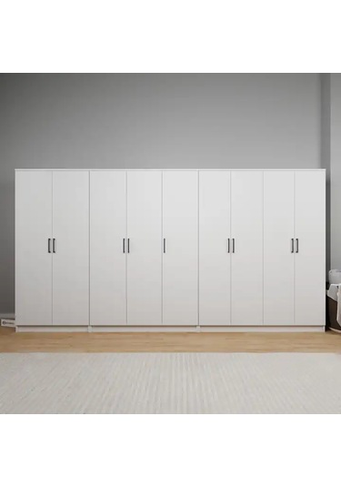 Kardelen Serisi 340 Cm Mat Beyaz 9 Kapılı 14 Raflı Elbise Dolabı - Gardırop Seti Beyaz