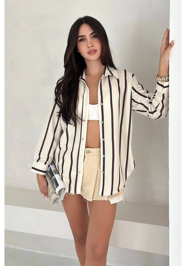 Pamuk Viscon Dijital Baskı Sonsuz Çizgi Gömlek Krem