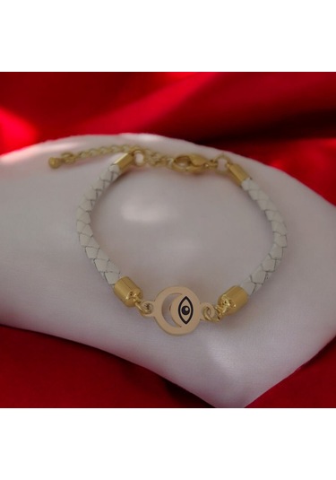 Archin Göz Temalı 14 Ayar Altın Plakalı Doğal Beyaz Derili Ay Motifli Hediye Bileklik-477sembol Göz