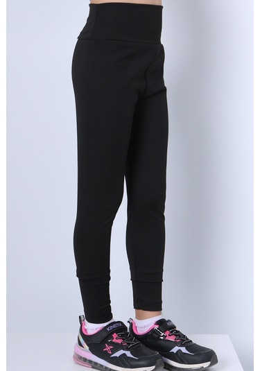 Kız Çocuk Tayt Yüksek Bel Düz Renk Dalgıç Kumaş C2 Siyah