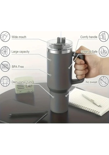 Besthome1 Paslanmaz Çelik Yalıtımlı Bardak - Taşınabilir Saplı Ve Pipetli, Çift Katmanlı Araba Saplı, Sızdırmaz Termos Mavi, Yeşil