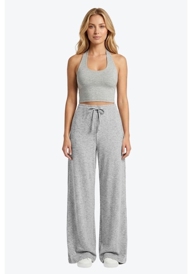 Cottonhill Gri Melanj Viskon Basic Yüksek Bel Bol Paça Bağcıklı Kadın Pantolon Cottonhill Gri Melanj Viskon Basic Yüksek Bel Bol Paça Bağcıklı Kadın Pantolon