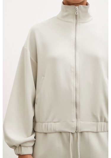 Never More Fermuarlı Sweatshirt Taş