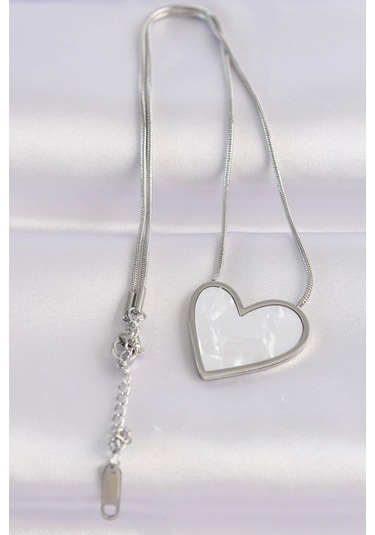 316l Çelik Zincir Gümüş Renk Mermer Desenli Kalp Kolye