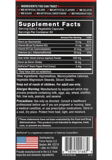 Force Factor, Deer Antler Velvet Testo Igf-1 , 60 Capsules