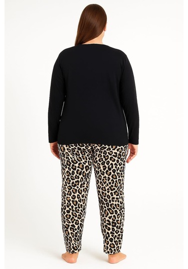 Kadın 08048 Büyük Beden Leopar Desen Pijama Takımı Siyah Siyah