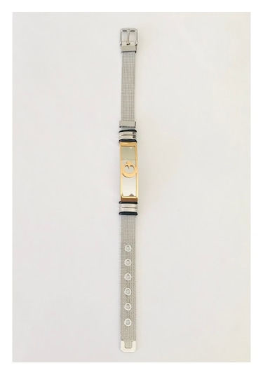 Ay Yıldız Türk Bayrağı Hasır Kemer Kordonlu Çelik Bileklik 22cm Altın - Gümüş