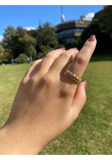 İki Sıra Taşlı Gold Kadın Zarif Yüzük Sevgiliye Hediye Altın