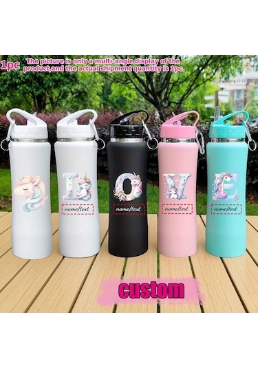 Trendooze Sunshine022 25oz Unicorn Vakum Termos, Kişiselleştirilebilir Uv Baskılı Tasarım, Özel İsimli Matara, Okul-dış Mekan Beyaz