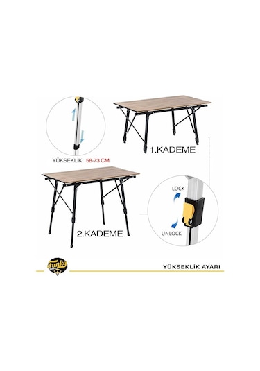 Funky Chaırs Elite Alüminyum Teleskopik Ayaklı Kamp Piknik Masası - Ahşap Desen Ahşap - Siyah