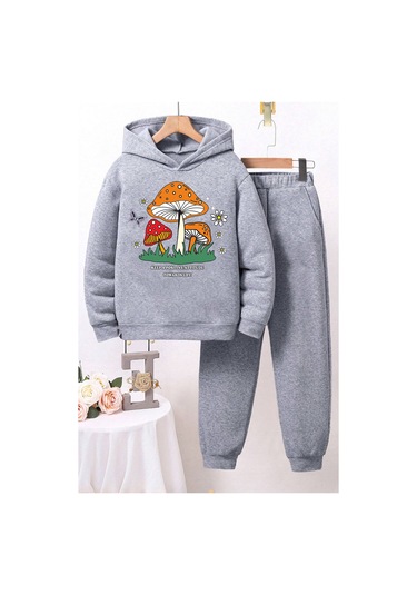 Mantar Baskılı Erkek - Kız Rahat Eşofman Takımı Gri