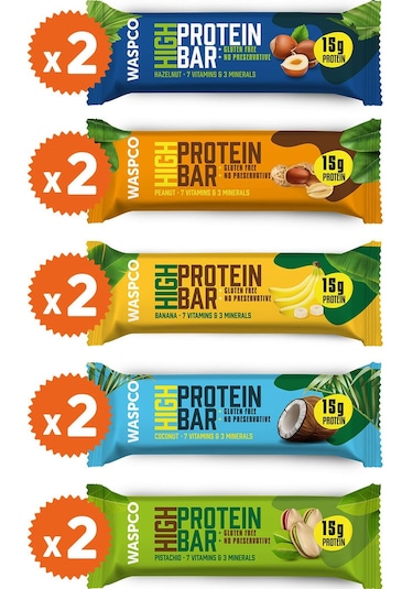 Waspco Yüksek Protein Bar 5 Çeşit Karma Paket 10 x 50 G