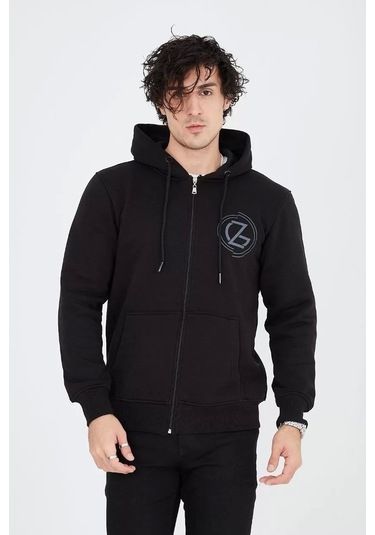 Erkek Kapüşonlu Baskılı Fermuarlı Hırka - Siyah Siyah