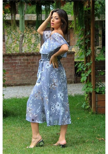 Neşeli Butik Kadın Gri Bağlama Detaylı Madonna Yaka Şifon Elbise Nb100371 Gri