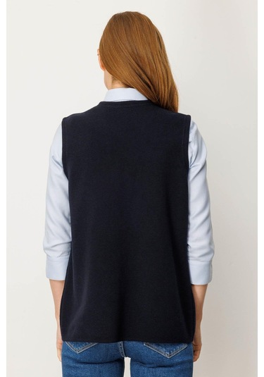 Desen Triko Kadın V Yaka Çelik Örgü Yün Anne Yelek 25044 Koyu Lacivert Koyu Lacivert