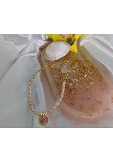 Sedef Dolgulu Somon Altın Kaplama Gerçek İnci Tasarım Kolye El Yapımı Çok Renkli