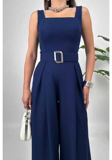 Noir Flow Kadın Lacivert Kemerli Askılı Bol Paça Tulum Zarif Şıklık Lacivert