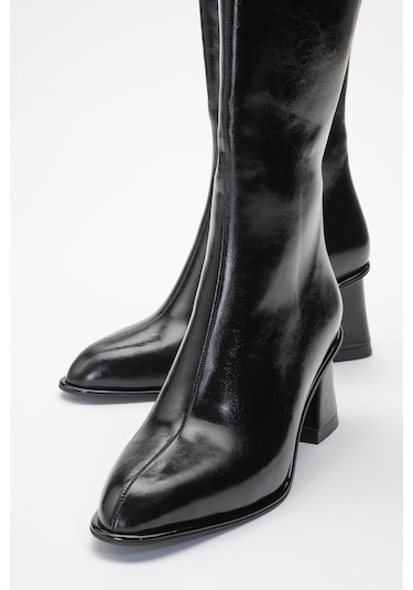 Paradis Siyah Cilt Kadın Kalın Topuklu Çizme Siyah Mat