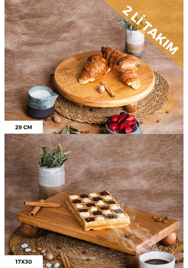 2 Li Risus Top Ayaklı 29 Cm Ve 17x30 Cm Ahşap Sunum Tabağı
