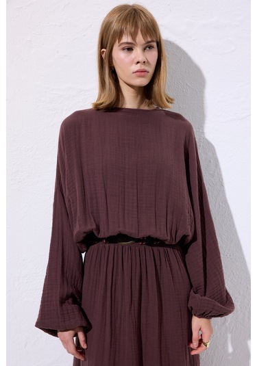 Müslin Beli Büzgülü Elbise Mürdüm Mürdüm