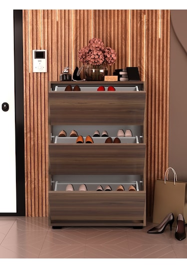 Skeche Düşer Kapak Ayakkabılık Raflı Ayakkabılık 3 Bölmeli Ayakkabılık Ceviz Ceviz