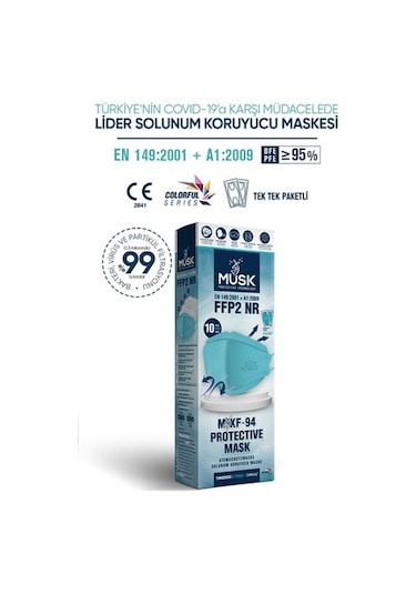 Musk Kf94 Kore Tipi Ffp2 Maske Turkuaz Renk 10 Adet