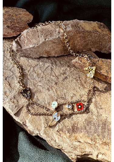 Kaplan Model Anahtar Tasarım Zirkon Taşlı Örgü Zincir Kadın Paslanmaz Çelik Gold Renk Kolye Altın