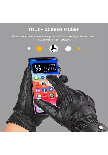 Ranyeek Siyah Kuru Deri Motorcu Eldiveni, Dokunmatik Ekran Uyumlu, Solunumlu, Darbe Emici Sponge Ve Kayma Önleyici, S Beden