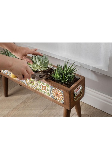 Halohope El Yapımı Ayaklı 6 Çinili Dekoratif Modern Ahşap Dikdörtgen Bahçe Balkon Saksı Saksılık Çiçeklik