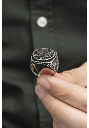 Süleyman Mührü Desenli Mikro Taşlı 925 Gümüş Erkek Yüzük