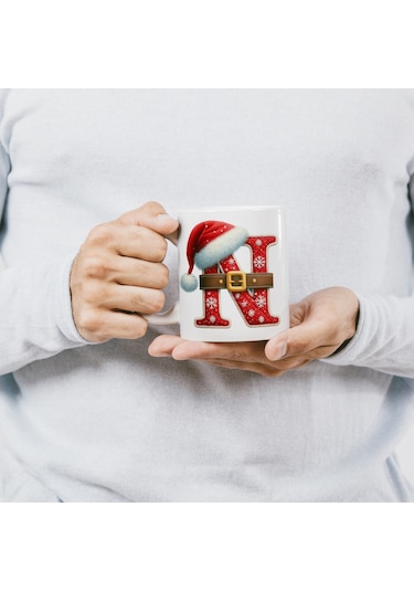 N Harfi Yılbaşı Temalı Bardak 330 Ml Harfli Kişiye Özel Hediye - Yeniyıl / Noel Şapka Tasarım Beyaz