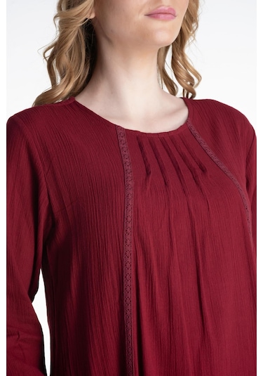 Uzun Kol Şile Bezi Nervürlü Uzun Elbise Bordo Brd-bordo