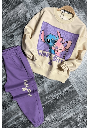 3-10 Yaş Stitch Love Baskılı Cepli Kız Çocuk Takım Lila Lila