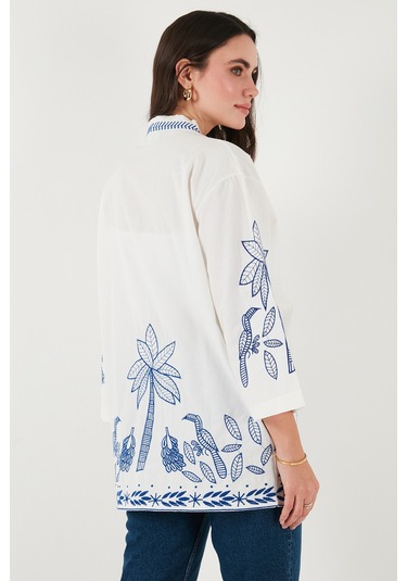 Lela Nakış Işlemeli Pamuklu Oversize Fit Truvakar Kol Bayan Kimono 676302 Ekru