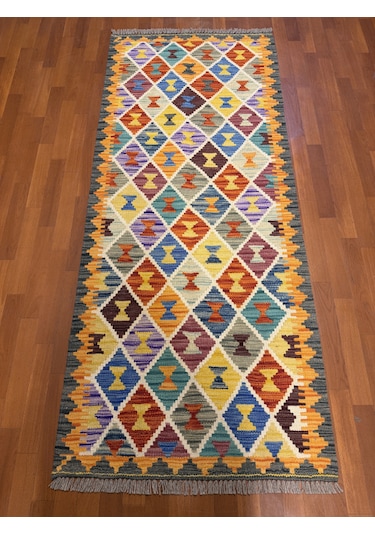 El Dokuma Afgan Kilim 100% Yün Harıka Desenlı Yolluk Çok Renkli