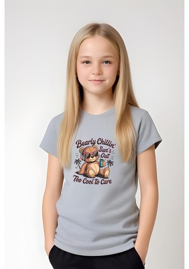 Fyk Kids Kız Çocuk Yuvarlak Yaka Baskılı Bearly Chillin Alt-üst Pijama Takımı Gri