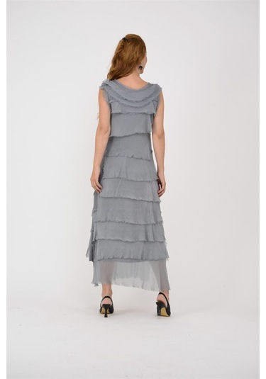 Italyan 2 Beden İnce Gösteren Kat Kat Kolsuz Ipek Elbise Koyu Gri