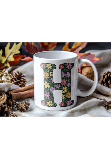 H Baş Harf Çiçek Desenleri İle Natural Tarz Kupa Bardak - Kişiye Özel Çiçekli Kahve Çay Bardak - Beyaz