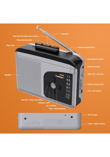 Ezcap-234 Kaset Teyp Oynatıcı Taşınabilir Am - Fm Radyo - Gri - Siyah