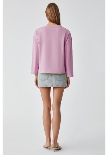 Grımelange Basıl Kadını Oversize %100 Organik Pamuk Örme Uzun Kol Pembe T-shirt Pembe