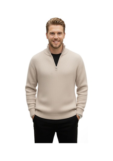 Deepsea Erkek Bej Yarım Fermuarlı Oversize Kesim Triko Kazak %100 Pamuk, Yumuşak Dokulu Örgü Kazak 2608511 Bej