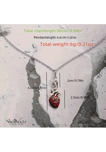 Rubicore Dramatik Gotik Tarz Kırmızı Kalpli 925 Ayar Gümüş Zincir Unisex Kolye Gümüş